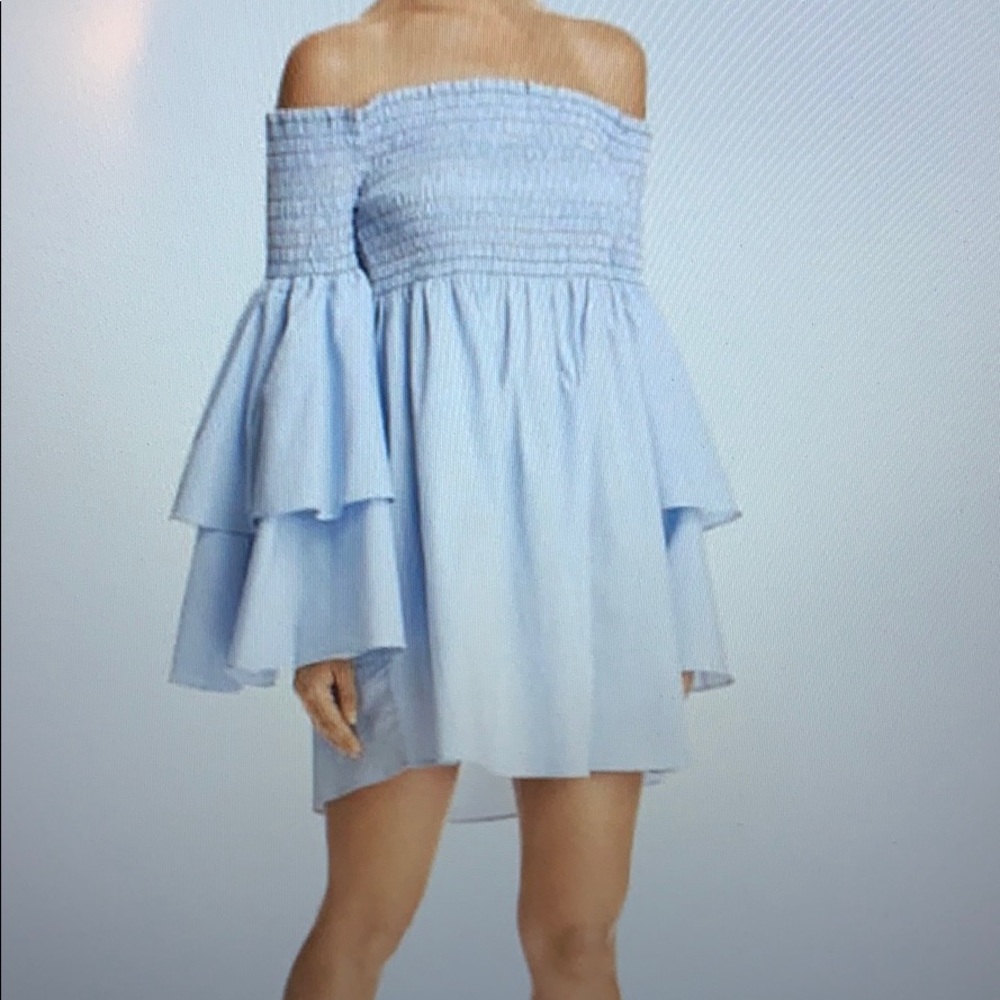 Aqua Summer  Blue Pinstripes Shoulder Bell Sleeve